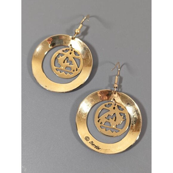 Vintage Berebi Western Buffalo Blue Enamel Gold Tone Round Hoop Dangle Earrings - Picture 6 of 8